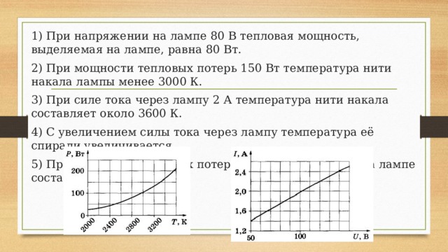 1) При напряжении на лампе 80 В тепловая мощность, выделяемая на лампе, равна 80 Вт. 2) При мощности тепловых потерь 150 Вт температура нити накала лампы менее 3000 К. 3) При силе тока через лампу 2 А температура нити накала составляет около 3600 К. 4) С увеличением силы тока через лампу температура её спирали увеличивается. 5) При мощности тепловых потерь 100 Вт напряжение на лампе составляет 100 В. 