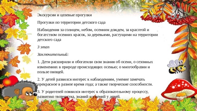 Экскурсии и целевые прогулки Прогулки по территории детского сада Наблюдения за солнцем, небом, осенним дождем, за красотой и богатством осенних красок, за деревьями, растущими на территории детского сада 3 этап  Заключительный: 1. Дети расширили и обогатили свои знания об осени, о сезонных изменениях в природе происходящих осенью; о многообразии и пользе овощей. 2. У детей развился интерес к наблюдениям, умение замечать прекрасное в разное время года; а также творческие способности. 3. У родителей появился интерес к образовательному процессу, развитию творчества, знаний и умений у детей. 