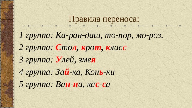 Правила переноса: 1 группа: Ка-ран-даш, то-пор, мо-роз. 2 группа: С то л , к ро т , к лас с 3 группа: У лей, зме я 4 группа: За й -ка, Кон ь -ки 5 группа: Ва н - н а, ка с - с а 