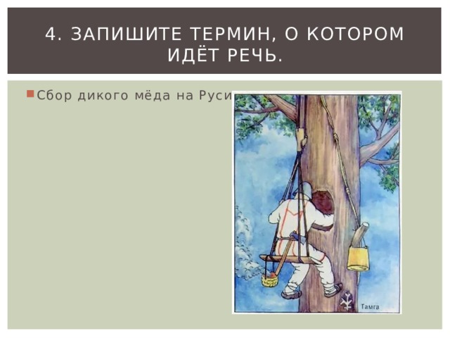 4. Запишите термин, о котором идёт речь. Сбор дикого мёда на Руси. 