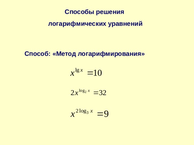 Способы решения логарифмических уравнений Способ: «Метод логарифмирования» 