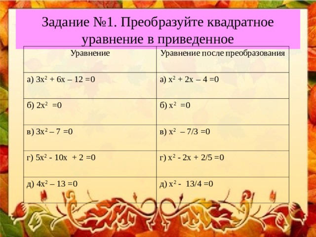 Задание №1. Преобразуйте квадратное уравнение в приведенное Уравнение Уравнение после преобразования а) 3х 2 + 6х – 12 =0 а) х 2 + 2х – 4 =0 б) 2х 2 =0 б) х 2 =0 в) 3х 2 – 7 =0 в) х 2 – 7/3 =0 г) 5х 2 - 10х + 2 =0 г) х 2 - 2х + 2/5 =0 д) 4х 2 – 13 =0 д) х 2 - 13/4 =0 