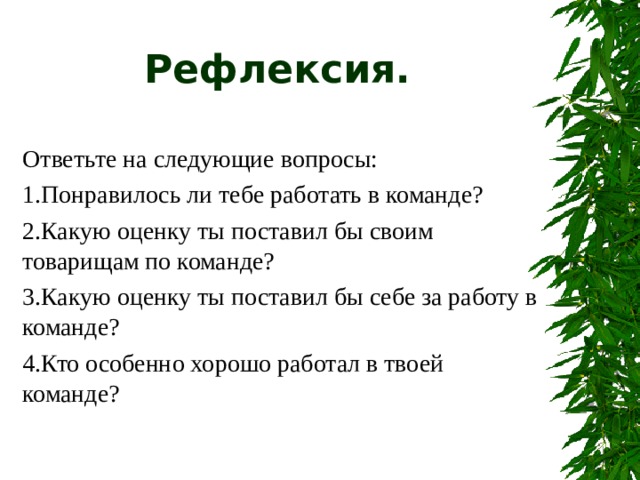 Рефлексия. Ответьте на следующие вопросы: 1. Понравилось ли тебе работать в команде? 2.Какую оценку ты поставил бы своим товарищам по команде? 3.Какую оценку ты поставил бы себе за работу в команде? 4.Кто особенно хорошо работал в твоей команде? 