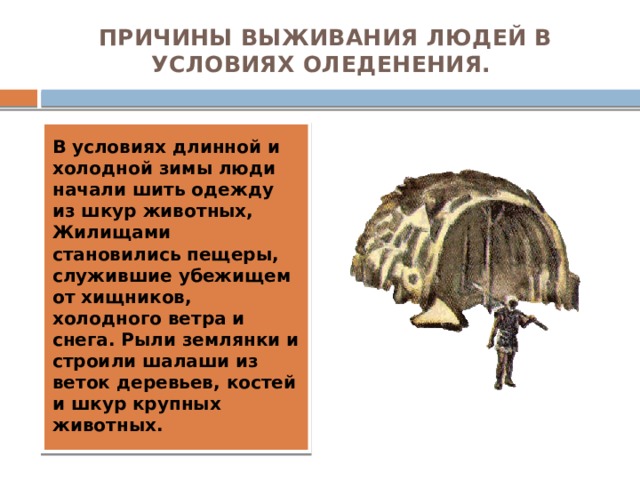 ПРИЧИНЫ ВЫЖИВАНИЯ ЛЮДЕЙ В УСЛОВИЯХ ОЛЕДЕНЕНИЯ. В условиях длинной и холодной зимы люди начали шить одежду из шкур животных, Жилищами становились пещеры, служившие убежищем от хищников, холодного ветра и снега. Рыли землянки и строили шалаши из веток деревьев, костей и шкур крупных животных. 