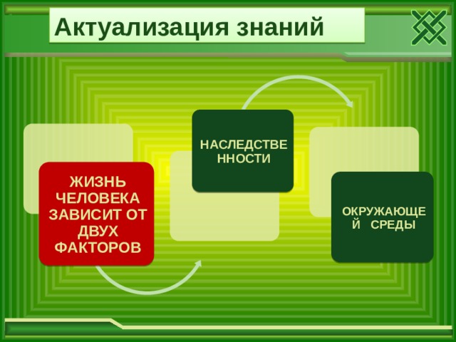 Актуализация знаний НАСЛЕДСТВЕННОСТИ ЖИЗНЬ ЧЕЛОВЕКА ЗАВИСИТ ОТ ДВУХ ФАКТОРОВ ОКРУЖАЮЩЕЙ СРЕДЫ 