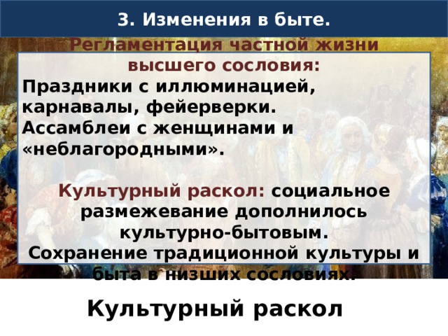 3. Изменения в быте. Регламентация частной жизни высшего сословия: Праздники с иллюминацией, карнавалы, фейерверки. Ассамблеи с женщинами и «неблагородными».  Культурный раскол: социальное размежевание дополнилось культурно-бытовым. Сохранение традиционной культуры и быта в низших сословиях. Культурный раскол 