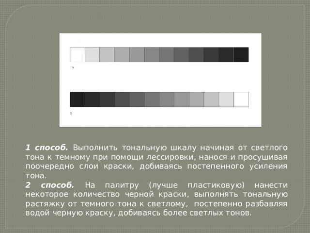 1 способ. Выполнить тональную шкалу начиная от светлого тона к темному при помощи лессировки, нанося и просушивая поочередно слои краски, добиваясь постепенного усиления тона. 2 способ. На палитру (лучше пластиковую) нанести некоторое количество черной краски, выполнять тональную растяжку от темного тона к светлому, постепенно разбавляя водой черную краску, добиваясь более светлых тонов. 
