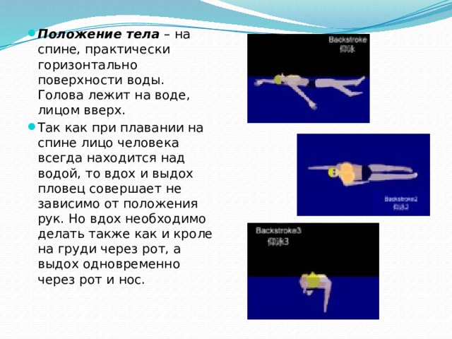 Положение тела  – на спине, практически горизонтально поверхности воды. Голова лежит на воде, лицом вверх. Так как при плавании на спине лицо человека всегда находится над водой, то вдох и выдох пловец совершает не зависимо от положения рук. Но вдох необходимо делать также как и кроле на груди через рот, а выдох одновременно через рот и нос. 