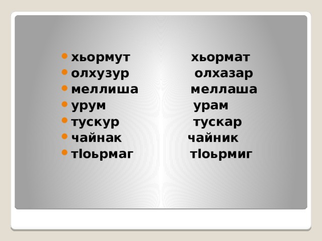 хьормут              хьормат олхузур               олхазар меллиша            меллаша урум                    урам тускур                 тускар чайнак               чайник тIоьрмаг             тIоьрмиг 