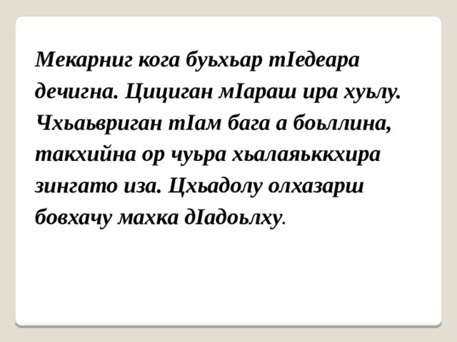 Мекарниг кога буьхьар тIедеара дечигна. Цициган мIараш ира хуьлу. Чхьаьвриган тIам бага а боьллина, такхийна ор чуьра хьалаяьккхира зингато иза. Цхьадолу олхазарш бовхачу махка дIадоьлху . 