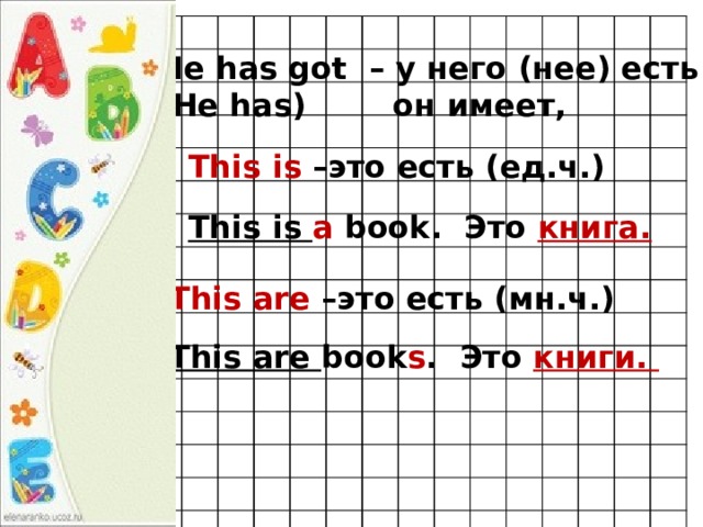 He has got – у него (нее) есть (He has) он имеет, This is –это есть (ед.ч.)  This is a book. Это книга. This are –это есть (мн.ч.)  This are book s . Это книги. 