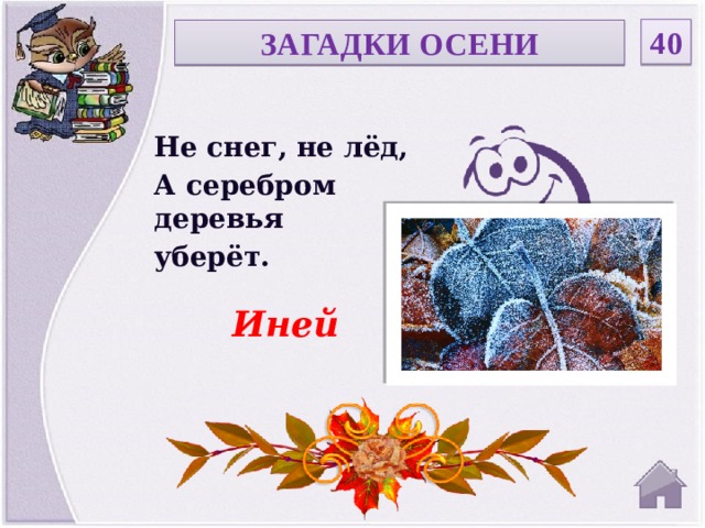 40 ЗАГАДКИ ОСЕНИ Не снег, не лёд, А серебром деревья уберёт. Иней  