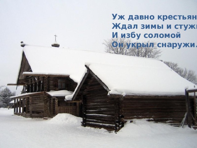 Уж давно крестьянин Ждал зимы и стужи, И избу соломой Он укрыл снаружи. 