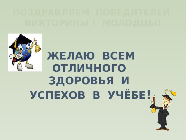 ПОЗДРАВЛЯЕМ ПОБЕДИТЕЛЕЙ ВИКТОРИНЫ ! МОЛОДЦЫ! Желаю всем Отличного Здоровья и Успехов в учёбе ! 