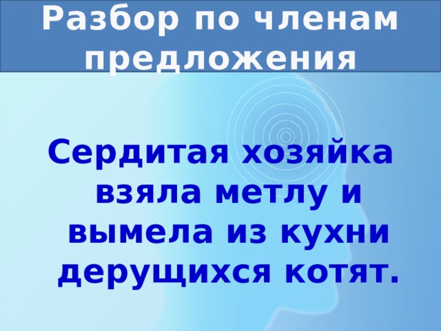 Разбор по членам предложения  Сердитая хозяйка взяла метлу и вымела из кухни дерущихся котят. 
