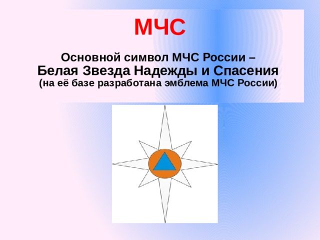 МЧС   Основной символ МЧС России –  Белая Звезда Надежды и Спасения   (на её базе разработана эмблема МЧС России)   