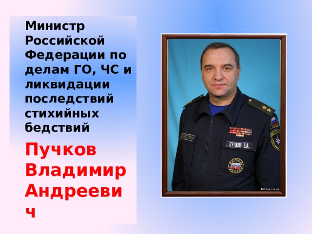 Министр Российской Федерации по делам ГО, ЧС и ликвидации последствий стихийных бедствий Пучков Владимир Андреевич 