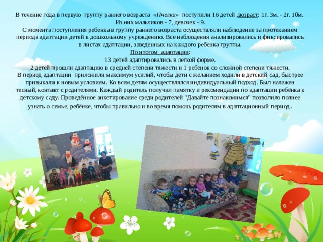 В течение года в первую группу раннего возраста   «Пчелки» поступили 16 детей , возраст : 1г. 3м. - 2г. 10м. Из них мальчиков - 7, девочек - 9. С момента поступления ребенка в группу раннего возраста осуществляли наблюдение за протеканием периода адаптации детей к дошкольному учреждению. Все наблюдения анализировались и фиксировались в листах адаптации, заведенных на каждого ребенка группы. По итогом адаптации : 13 детей адаптировались в легкой форме. 2 детей прошли адаптацию в средней степени тяжести и 1 ребенок со сложной степени тяжести. В период адаптации приложили максимум усилий, чтобы дети с желанием ходили в детский сад, быстрее привыкали к новым условиям. Ко всем детям осуществлялся индивидуальный подход. Был налажен тесный, контакт с родителями. Каждый родитель получил памятку и рекомендации по адаптации ребёнка к детскому саду. Проведённое анкетирование среди родителей 