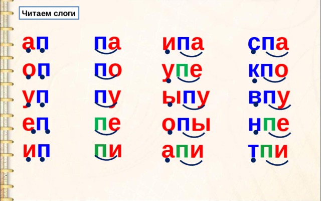 Читаем слоги а п п а о п п о у п п у п е е п п и и п сп а и п а кп о у п е вп у ы п у н п е о п ы а п и т п и 