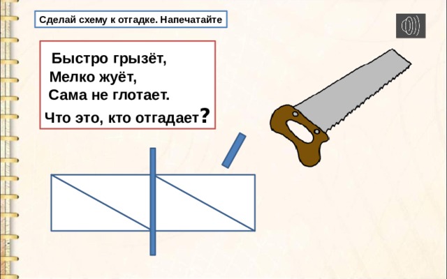 Сделай схему к отгадке. Напечатайте  Быстро грызёт,  Мелко жуёт,  Сама не глотает. Что это, кто отгадает ? 