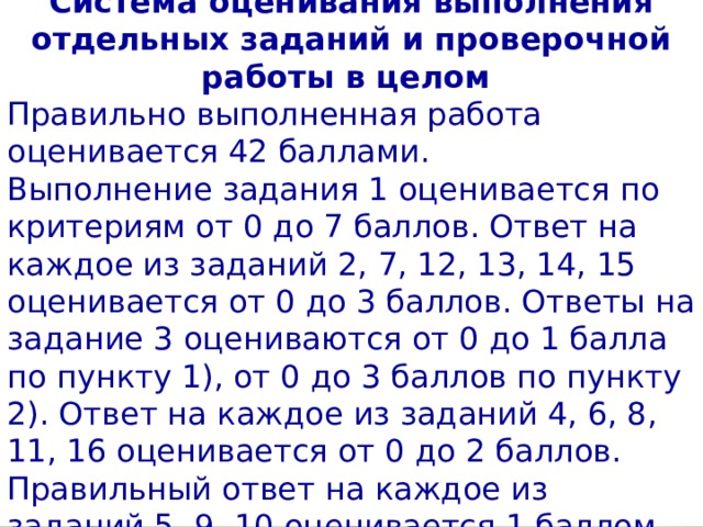 Система оценивания выполнения отдельных заданий и проверочной работы в целом Правильно выполненная работа оценивается 42 баллами. Выполнение задания 1 оценивается по критериям от 0 до 7 баллов. Ответ на каждое из заданий 2, 7, 12, 13, 14, 15 оценивается от 0 до 3 баллов. Ответы на задание 3 оцениваются от 0 до 1 балла по пункту 1), от 0 до 3 баллов по пункту 2). Ответ на каждое из заданий 4, 6, 8, 11, 16 оценивается от 0 до 2 баллов. Правильный ответ на каждое из заданий 5, 9, 10 оценивается 1 баллом. 