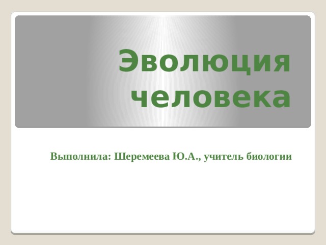 Эволюция человека   Выполнила: Шеремеева Ю.А., учитель биологии  