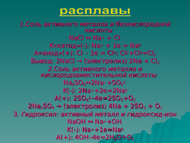 1.Соль активного металла и безкислородной кислоты NaCl ↔ Na + + Cl - K«катод»(-): Na + + 1e = Na 0 A« анод »(+): Cl - - 1e = Cl 0 ; Cl 0 +Cl 0 =Cl 2 Вывод: 2NaCl → (электролиз) 2Na + Cl 2 2.Соль активного металла и кислородовместительной кислоты Na 2 SO 4 ↔2Na + +SO 4 2- K(-): 2Na + +2e=2Na 0 A(+): 2SO 4 2- -4e=2SO 3 +O 2 2Na 2 SO 4 → ( электролиз ) 4Na + 2SO 3 + O 2 3. Гидроксил: активный металл и гидроксид-ион NaOH ↔ Na + +OH - K(-): Na + +1e=Na 0 A(+): 4OH - -4e=2H 2 O+O 2 