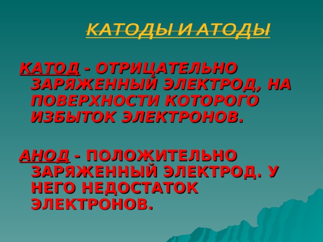 КАТОД  - ОТРИЦАТЕЛЬНО ЗАРЯЖЕННЫЙ ЭЛЕКТРОД, НА ПОВЕРХНОСТИ КОТОРОГО ИЗБЫТОК ЭЛЕКТРОНОВ.  АНОД  - ПОЛОЖИТЕЛЬНО ЗАРЯЖЕННЫЙ ЭЛЕКТРОД. У НЕГО НЕДОСТАТОК ЭЛЕКТРОНОВ. 