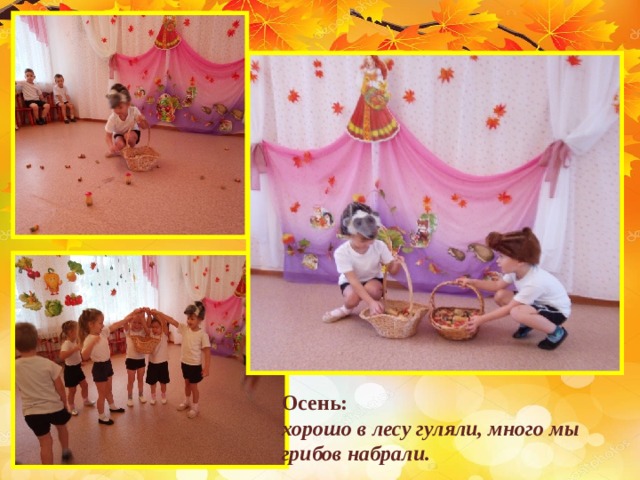 Осень:  хорошо в лесу гуляли, много мы грибов набрали. 
