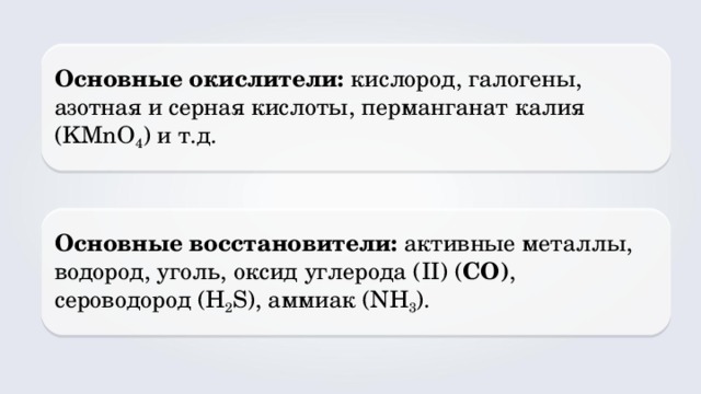 Основные окислители: кислород, галогены, азотная и серная кислоты, перманганат калия ( KMnO 4 ) и т.д. Основные восстановители: активные металлы, водород, уголь, оксид углерода ( II ) ( CO ) , сероводород ( H 2 S ), аммиак ( NH 3 ). 