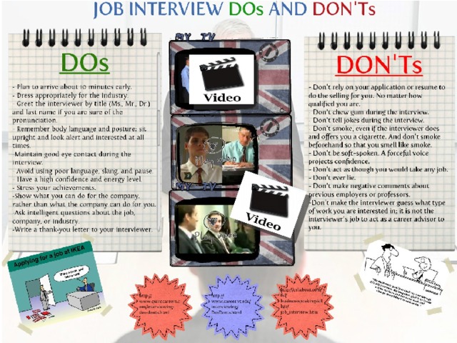 Video 1 : Interview Do´s and Don´ts (family, people): ask sts to take notes of DO´s and DON´Ts while they watch the video / Video 2 : Pepsi Max office interview http://www.youtube.com/watch?v=Xu25lUDJZgY  
