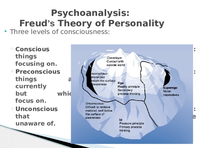 Psychoanalysis:  Freud ’s Theory of Personality Three levels of consciousness: Conscious mind :  things we are  focusing on. Preconscious mind :  things are are not  currently aware of  but which we could  focus on. Unconscious mind :  that which we are  unaware of. Conscious mind :  things we are  focusing on. Preconscious mind :  things are are not  currently aware of  but which we could  focus on. Unconscious mind :  that which we are  unaware of. 