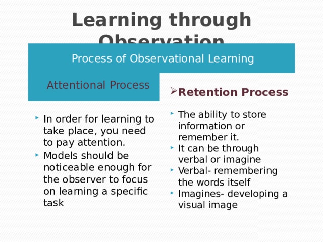 Learning through Observation Process of Observational Learning Attentional Process Retention Process The ability to store information or remember it. It can be through verbal or imagine Verbal- remembering the words itself Imagines- developing a visual image In order for learning to take place, you need to pay attention. Models should be noticeable enough for the observer to focus on learning a specific task 