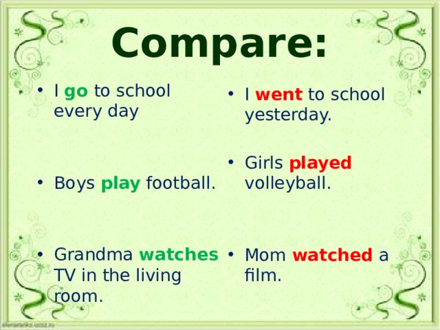 Compare: I go  to school every day Boys play football. Grandma watches TV in the living room. I went to school yesterday. Girls played volleyball. Mom watched a film. 