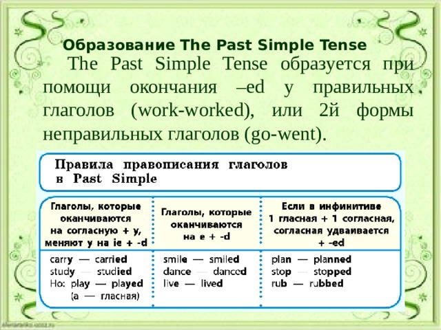 Образование  The Past Simple Tense    The Past Simple Tense образуется при помощи окончания –ed у правильных глаголов (work-worked), или 2й формы неправильных глаголов (go-went). 