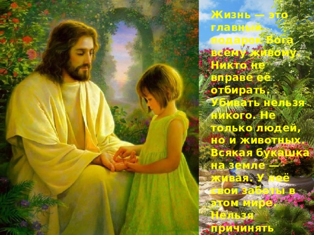 Жизнь — это главный подарок Бога всему живому. Никто не вправе её отбирать. Убивать нельзя никого. Не только людей, но и животных. Всякая букашка на земле — живая. У неё свои заботы в этом мире. Нельзя причинять никому боли или даже просто говорить гадости. Даже плохим отношением мы медленно убиваем других . 