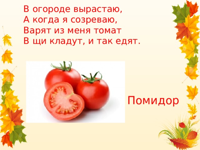 В огороде вырастаю,  А когда я созреваю,  Варят из меня томат  В щи кладут, и так едят.   Помидор 