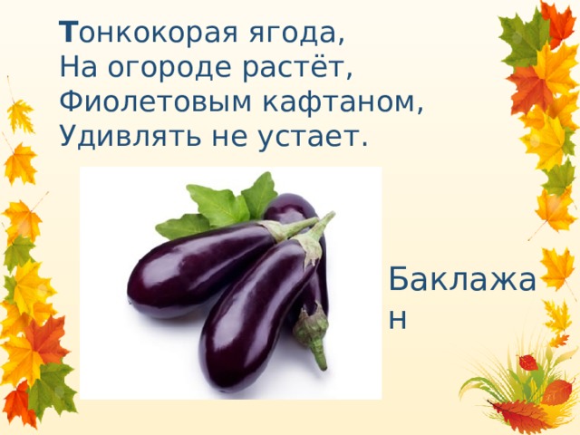 Т онкокорая ягода,  На огороде растёт,  Фиолетовым кафтаном,  Удивлять не устает. Баклажан    
