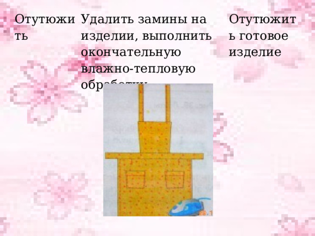 Отутюжить Удалить замины на изделии, выполнить окончательную влажно-тепловую обработку Отутюжить готовое изделие 