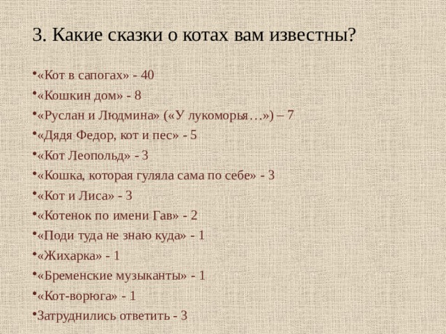 3. Какие сказки о котах вам известны? «Кот в сапогах» - 40 «Кошкин дом» - 8 «Руслан и Людмина» («У лукоморья…») – 7 «Дядя Федор, кот и пес» - 5 «Кот Леопольд» - 3 «Кошка, которая гуляла сама по себе» - 3 «Кот и Лиса» - 3 «Котенок по имени Гав» - 2 «Поди туда не знаю куда» - 1 «Жихарка» - 1 «Бременские музыканты» - 1 «Кот-ворюга» - 1 Затруднились ответить - 3  