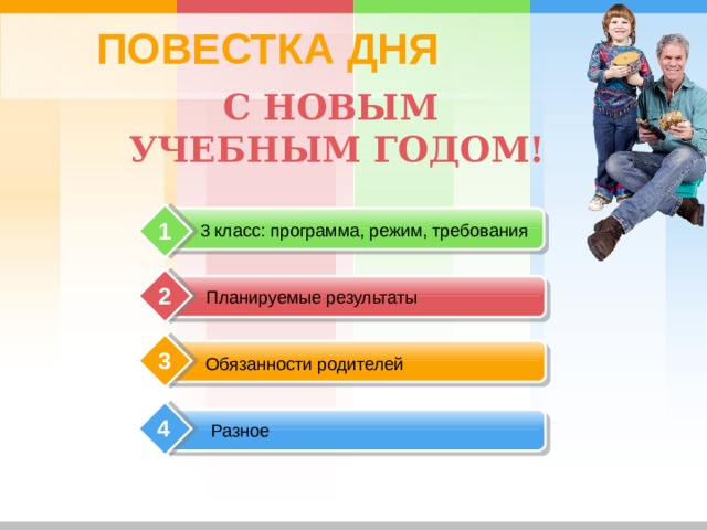 ПОВЕСТКА ДНЯ С НОВЫМ УЧЕБНЫМ ГОДОМ! 1 3 класс: программа, режим, требования 2 Планируемые результаты 3 Обязанности родителей 4 Разное 