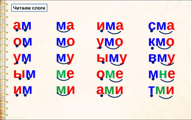 Читаем слоги а м м а о м м о у м м у м е ы м м и и м см а и м а км о у м о вм у ы м у м н е о м е а м и т м и 