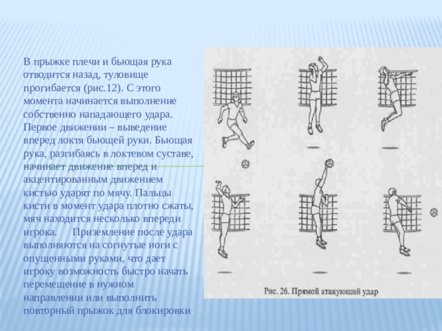 В прыжке плечи и бьющая рука отводится назад, туловище прогибается (рис.12). С этого момента начинается выполнение собственно нападающего удара. Первое движении – выведение вперед локтя бьющей руки. Бьющая рука, разгибаясь в локтевом суставе, начинает движение вперед и акцентированным движением кистью ударят по мячу. Пальцы кисти в момент удара плотно сжаты, мяч находится несколько впереди игрока.  Приземление после удара выполняются на согнутые ноги с опущенными руками, что дает игроку возможность быстро начать перемещение в нужном направлении или выполнить повторный прыжок для блокировки . 