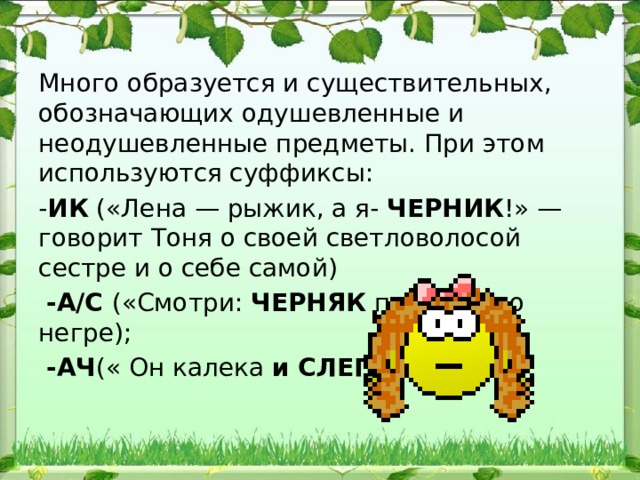 Много образуется и существительных, обозначающих одушевлен​ные и неодушевленные предметы. При этом используются суффик​сы: - ИК («Лена — рыжик, а я- ЧЕРНИК !» — говорит Тоня о своей светловолосой сестре и о себе самой)  -А/С («Смотри: ЧЕРНЯК по​шел!» - о негре);  -АЧ (« Он калека и СЛЕПАЧ ») 