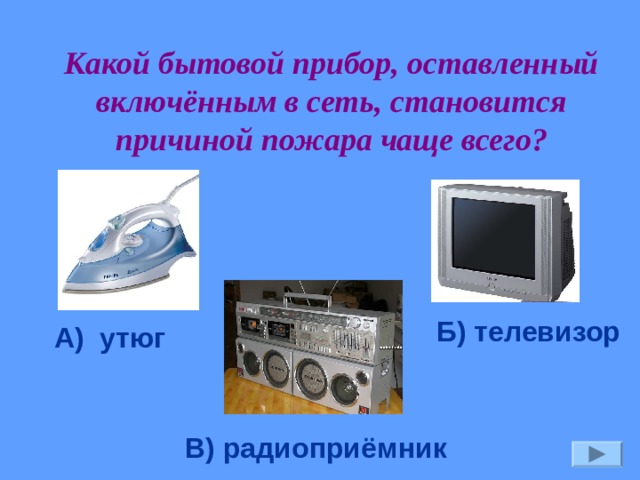 Какой бытовой прибор, оставленный включённым в сеть, становится причиной пожара чаще всего? Б) телевизор А) утюг В) радиоприёмник 