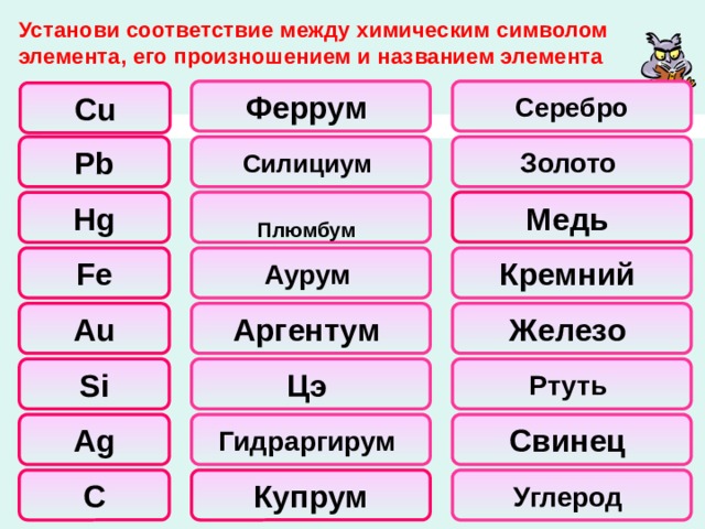 Установи соответствие между химическим символом элемента, его произношением и названием элемента  Серебро Феррум Сu Золото Силициум Pb Плюмбум   Медь  Нg  Аурум Fe Кремний Au Железо Аргентум Ртуть Цэ Si Ag Гидраргирум Свинец С Купрум Углерод 