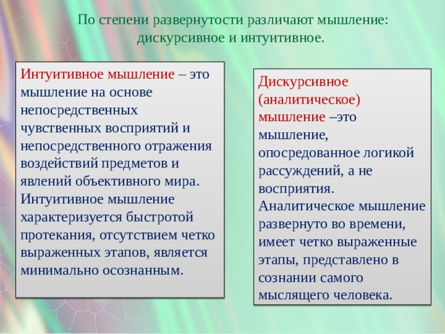 По степени развернутости различают мышление: дискурсивное и интуитивное. Интуитивное мышление – это мышление на основе непосредственных чувственных восприятий и непосредственного отражения воздействий предметов и явлений объективного мира. Интуитивное мышление характеризуется быстротой протекания, отсутствием четко выраженных этапов, является минимально осознанным. Дискурсивное (аналитическое) мышление –это мышление, опосредованное логикой рассуждений, а не восприятия. Аналитическое мышление развернуто во времени, имеет четко выраженные этапы, представлено в сознании самого мыслящего человека. 