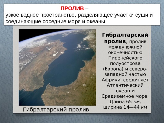  ПРОЛИВ – узкое водное пространство, разделяющее участки суши и соединяющие соседние моря и океаны  Гибралтарский пролив , пролив между южной оконечностью Пиренейского полуострова (Европа) и северо-западной частью Африки, соединяет Атлантический океан и Средиземное море. Длина 65 км , ширина 14—44 км Гибралтарский пролив 