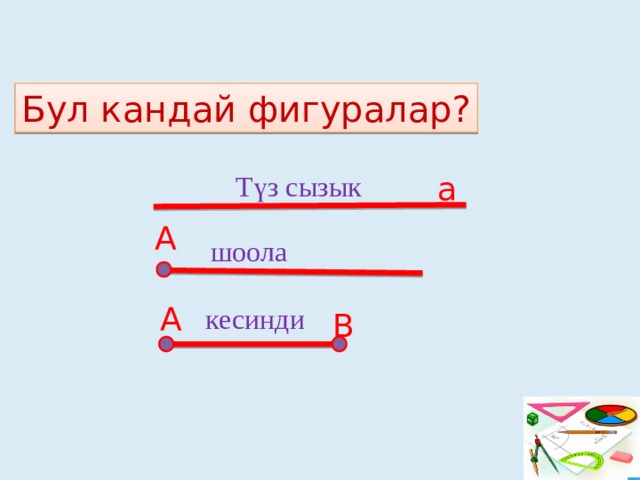 Бул кандай фигуралар? Түз сызык а А шоола А кесинди В 