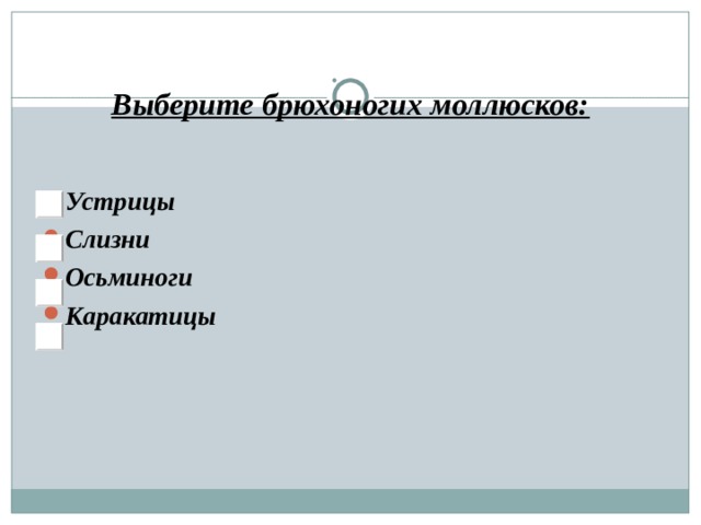Выберите брюхоногих моллюсков: Устрицы Слизни Осьминоги Каракатицы 